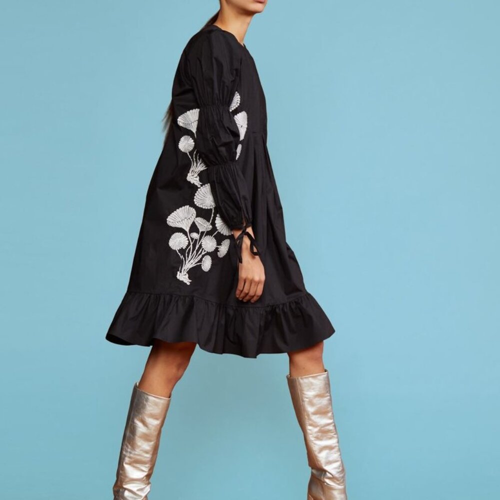 CYNTHIA ROWLEY - Kyoto Embroidered Dress Black/White Floral Long Sleeve SIZE M - Picture 3 of 5